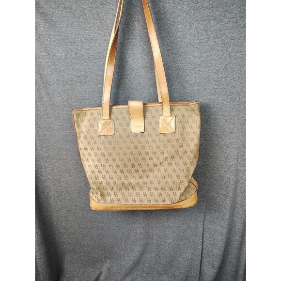 Dooney & Bourke Vintage Brown Monogram Tote Shoulder Bag Purse Leather Canvas - Picture 3 of 10